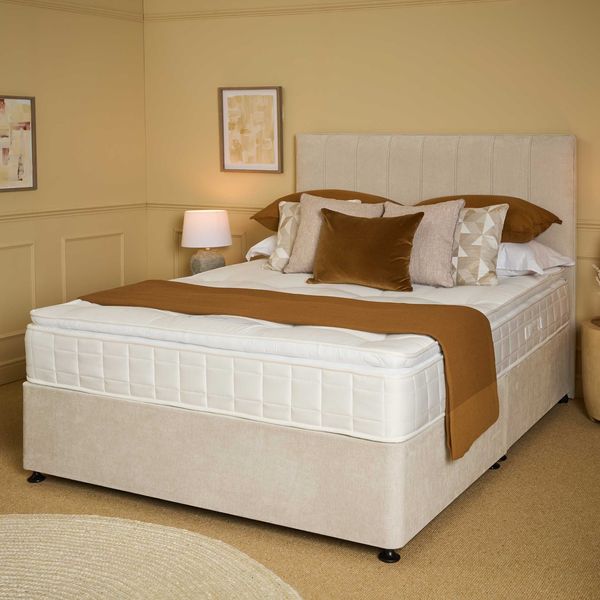 Boutique Hotel Collection BEAUMONT BOUTIQUE PILLOW TOP semi dressed angled shot with blanket Petra HB Classic base in Kyoto Stone landscape detail shot