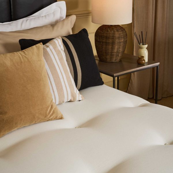 Boutique Hotel Collection BERKELEY semi dressed mattress detail shot Victoria HB Universal base in Manhattan Plain Brown
